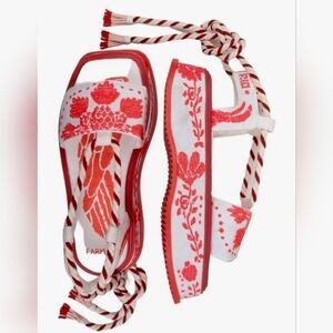 FARM Rio Red Embroidery Cross Stitch Platform Sandals Vegan Ankle Tie Beaded- 38